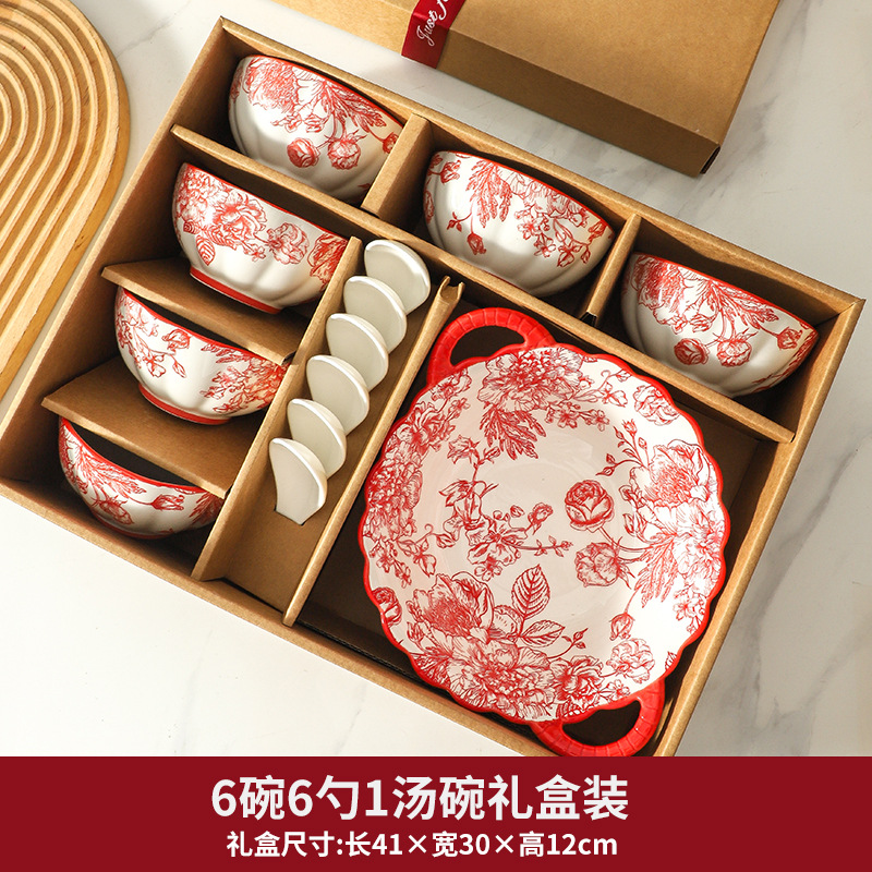 Conjunto de platos Rosas rojas caseras de estilo chino de boda regalo de boda de cerámica conjunto de caja de boda