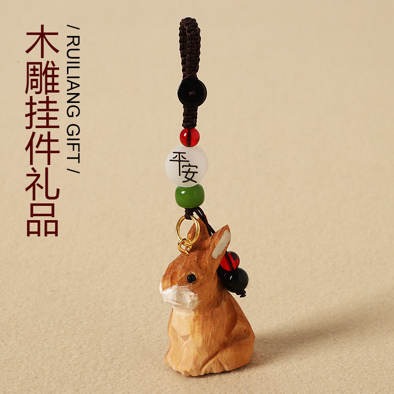 Handmade Solid Wood Carved Bunny Car Keychain Pendant Couple Cute Backpack Pendant Exquisite Gift Ornaments