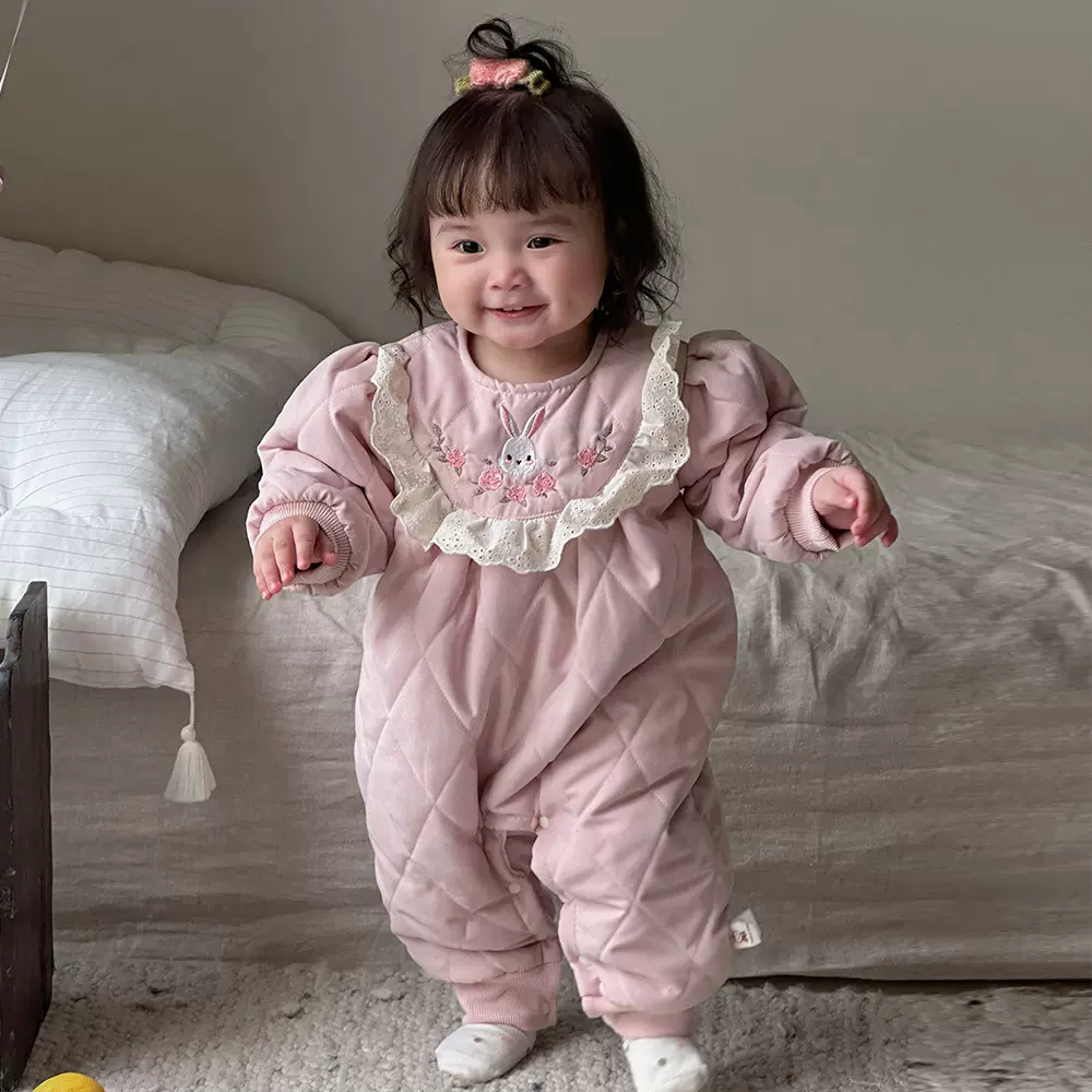 婴儿衣服秋冬装宝宝连体衣公主加绒夹棉婴幼儿超萌棉服冬季外出服