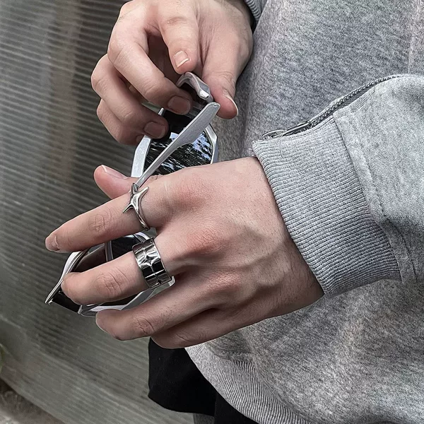 Shining starlight, new high-end, cool and elegant couple rings, silver wide-band stacking rings