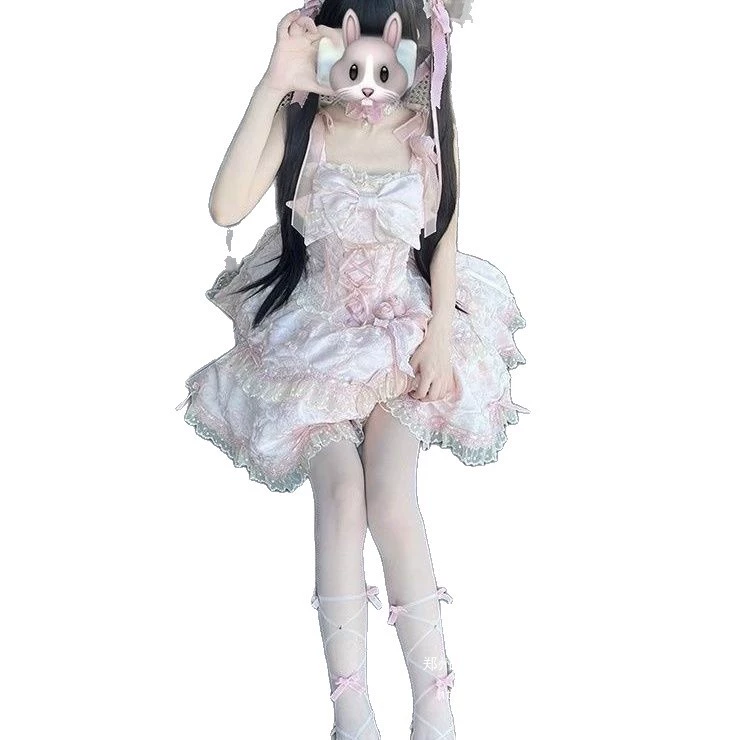 Dress Lolita style, bows and roses, lace choker, pink ornate JSK, 1 kg