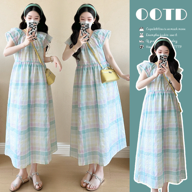 2026 Summer Maternity Wear Sweet Rainbow Plaid Fresh Style Dress New Loose Fit Simple Maternity Dress