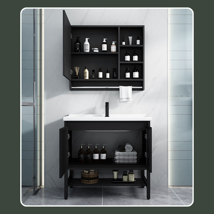 De aluminio espacio pequeño apartamento baño gabinete combinación piso-tipo integrado de cerámica de lavado de manos roca placa lavabo espejo inteligente lavabo del gabinete