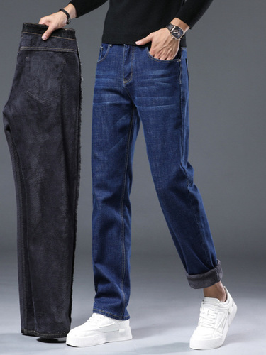 High-end lightweight luxury classic lined men's autumn and winter elastic business middle-aged casual warm thick straight-leg pants