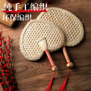 Pure handmade hand-cranked fan natural wheat straw eco-friendly edging weaving summer cool retro light and durable cattail fan