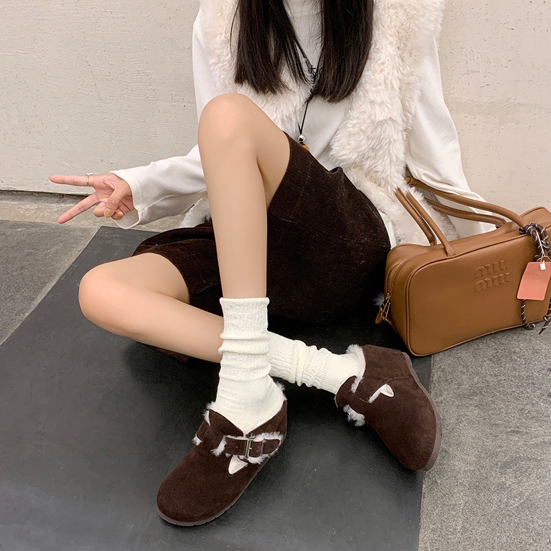 Dép lông Birkenstock da thật nữ đế dày, mũi kín lông cừu, có khóa thắt lưng, tăng chiều cao bên trong — cà phê nâu