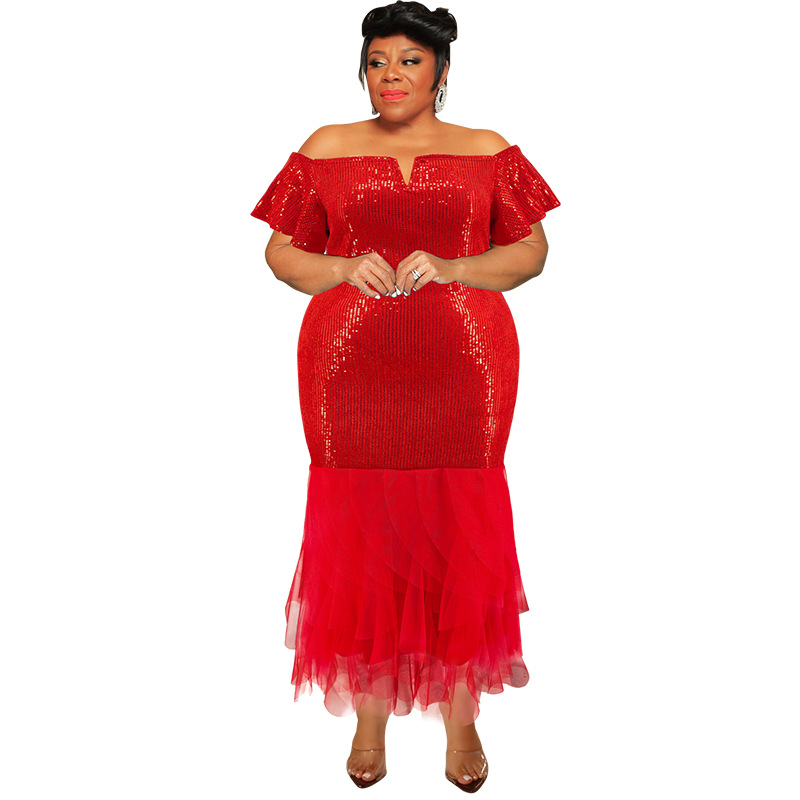 Elegant Plus Size Evening Dress In Red With Sequin Mesh Details_voghion.com