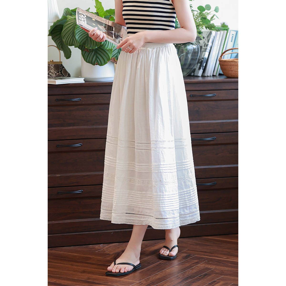 Reject sultry light light high waist hollow embroidery lace white ramie A- line long skirt large swing skirt