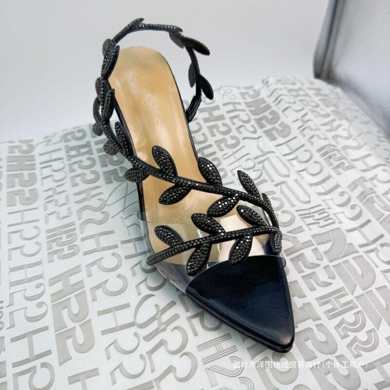 Spring 2025 Direct Supply from the Manufacturer: Pointed-Toe Rhinestone Leaf Stiletto Sandals, High-Heeled Shoes, Pointed-Toe High-Heeled Sandals Trending Keywords