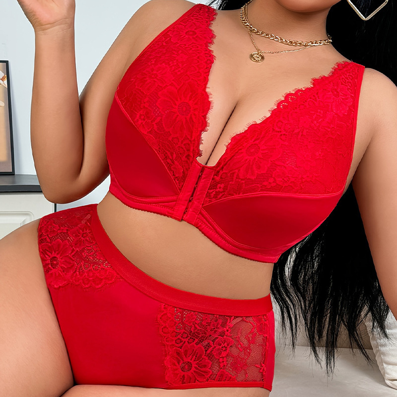 European and American Plus-Size Lingerie Seductive Front Buckle Cross-Border French Lace Lingerie and Panties X-Style Set Pure Desire Bra