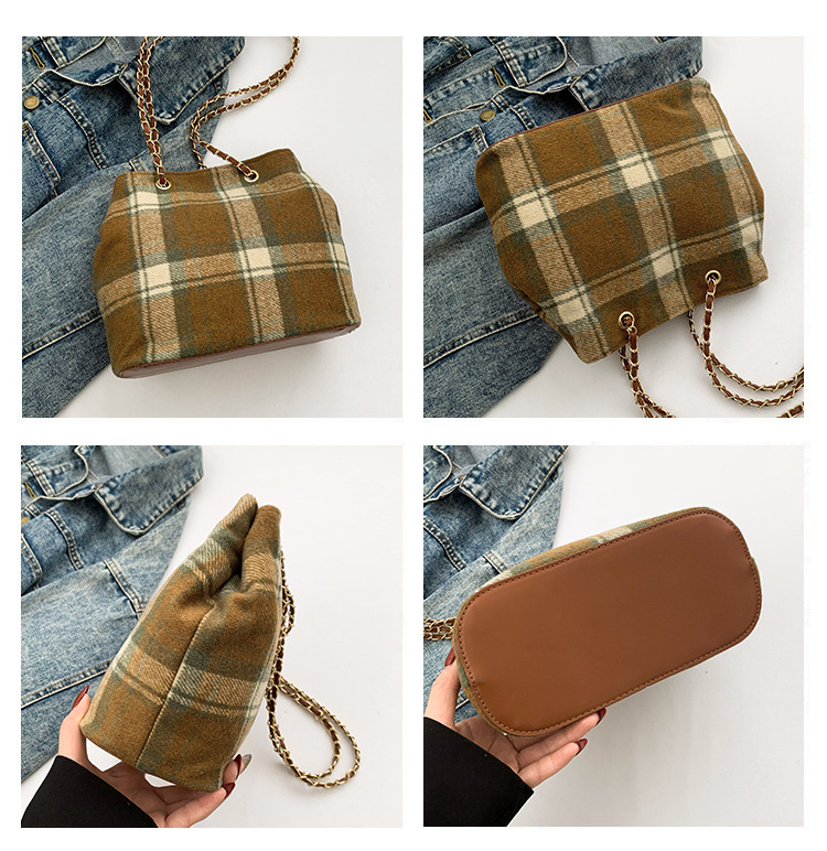 Retro and fashionable woolen texture bucket bag, large capacity commuting bag, chain check pattern casual single-shoulder crossbody women's bag undefined
