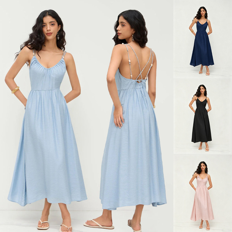 Cross-Border Popular European and American Style Backless Spaghetti Strap Long Dress V-Neck Flared Dress Summer Casual Vacation Multi-Color Women's Clothing