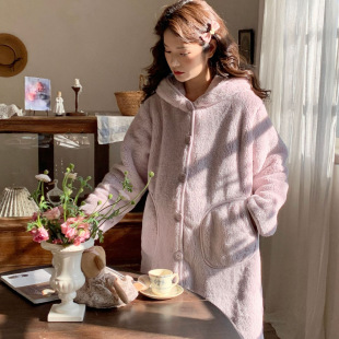 [in stock 88191] 2025INS Winter Thickened Double-sided Fleece Hooded Home Clothes Nightgown Pregnant Women's Long Nightgown