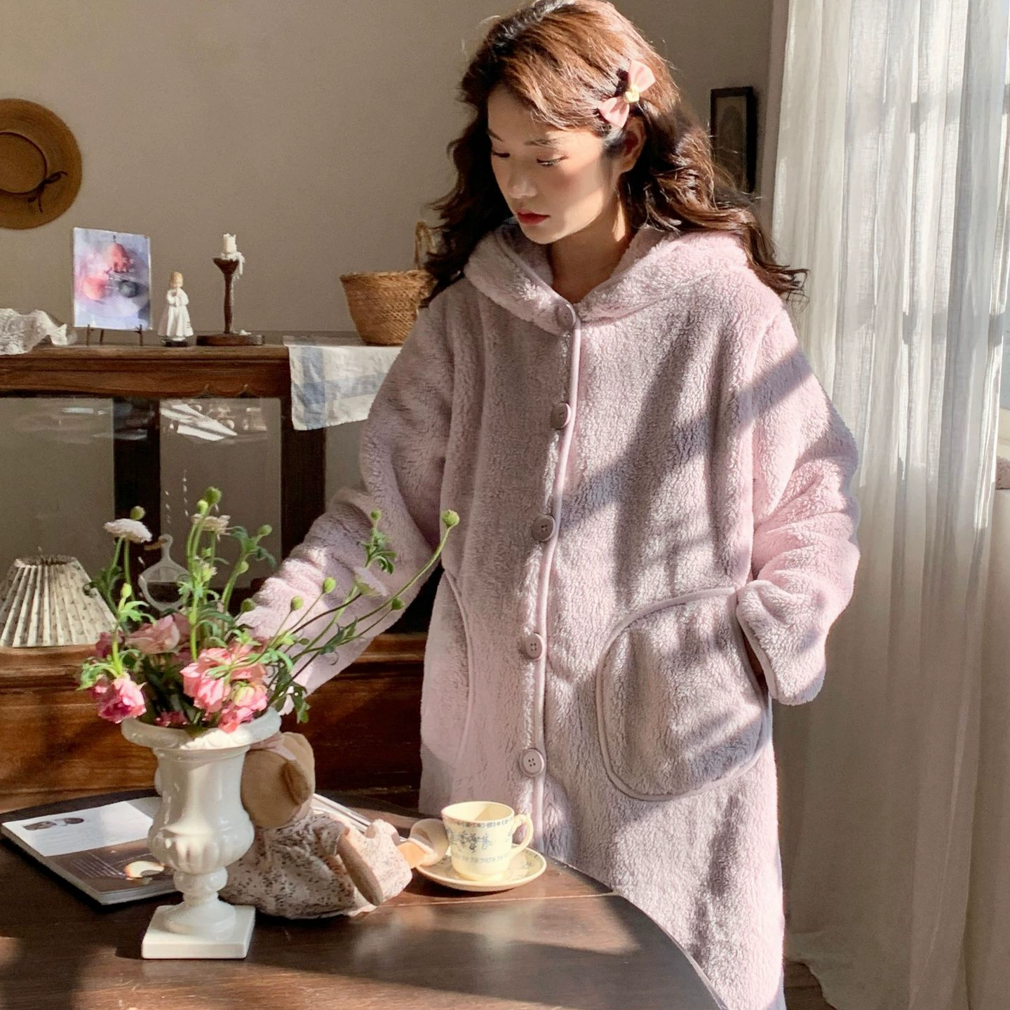 [Спот 88191] 2025INS Зимний толстый двухсторонний бархат с капюшоном Домашний халат для беременных длинная ночная юбка