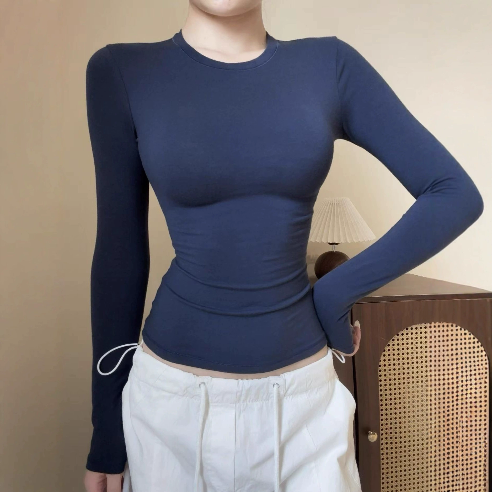 Skims Kardashian Cotton Long-Sleeved T-Shirt Elastic Slimming Look Spring and Summer Round Neck U-Neck Right Shoulder High Elasticity