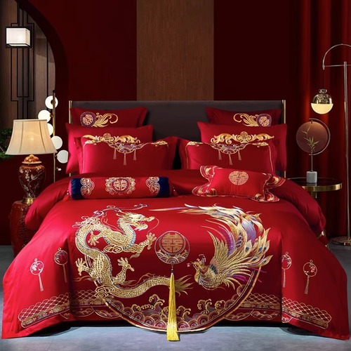 Long-staple cotton wedding four-piece wedding room bright red pure cotton high-end Chinese dragon and phoenix embroidery bedding Nantong City