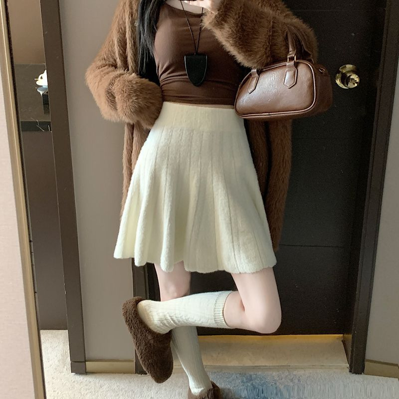 灰色针织半身裙女秋冬小个子高腰显瘦百褶裙遮挎气质百搭A字短裙|undefined