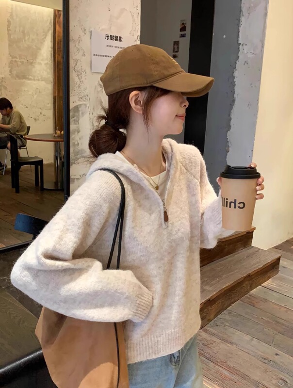 软糯chic高级感杏色连帽拉链毛衣外套女春秋韩系慵懒风针织衫上衣|undefined