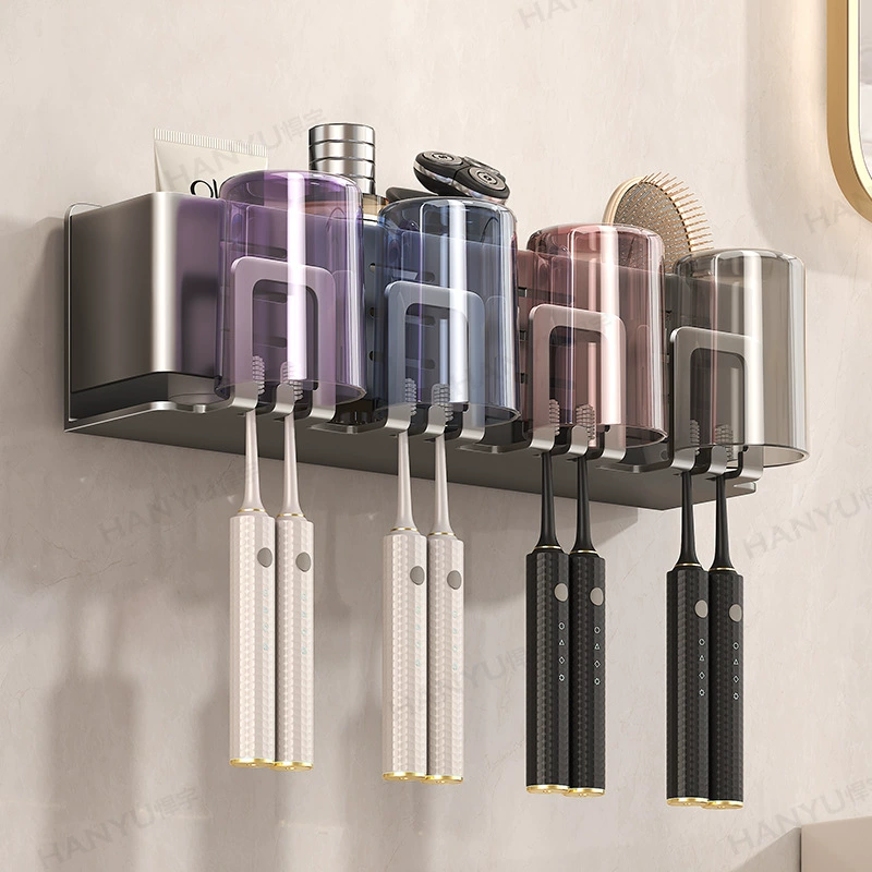 Серая стойка для зубной щетки в ванной комнате без пробивания