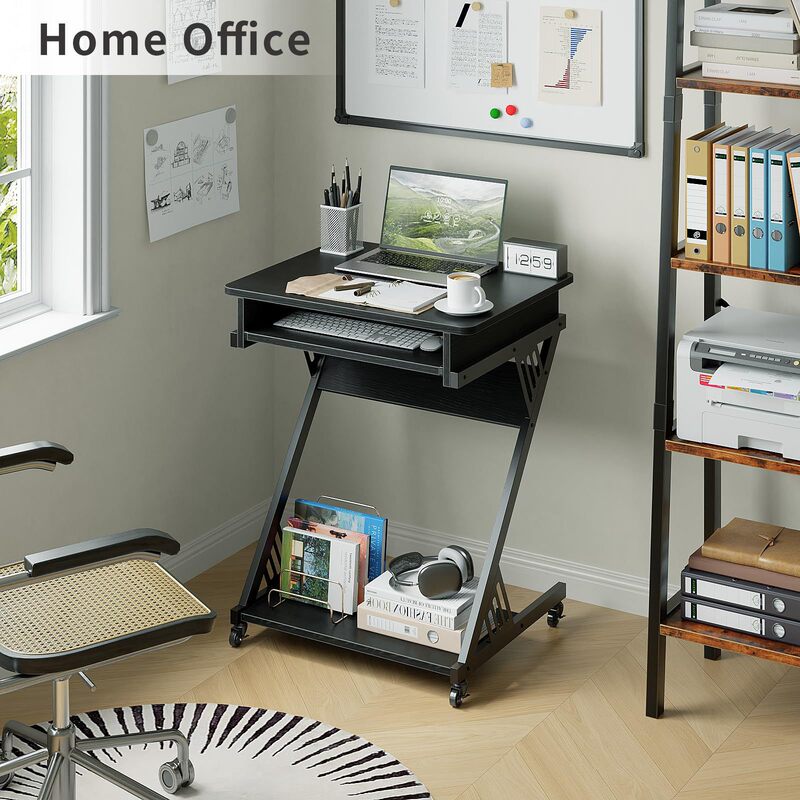 Z-shaped compact office computer desk with smooth keyboard tray, wheels and bottom shelf Z-shaped compact office computer desk with smooth keyboard tray, wheels and bottom shelf