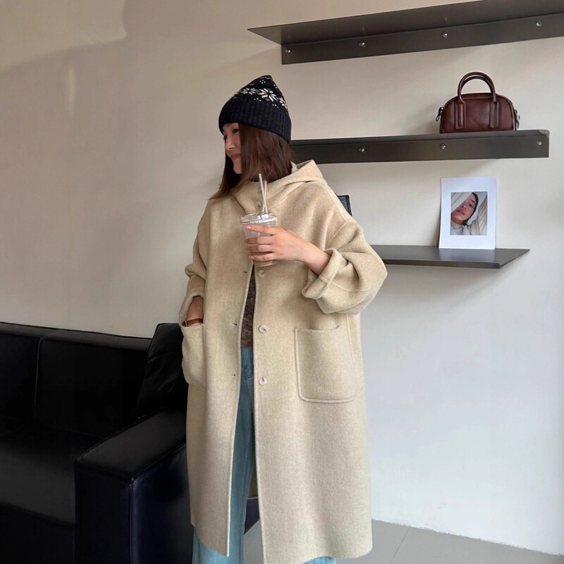 2025 New Thickened Hooded Double-Sided Wool Coat Single-Breasted Stand Collar Large Pocket Thick Cashmere Woolen Coat