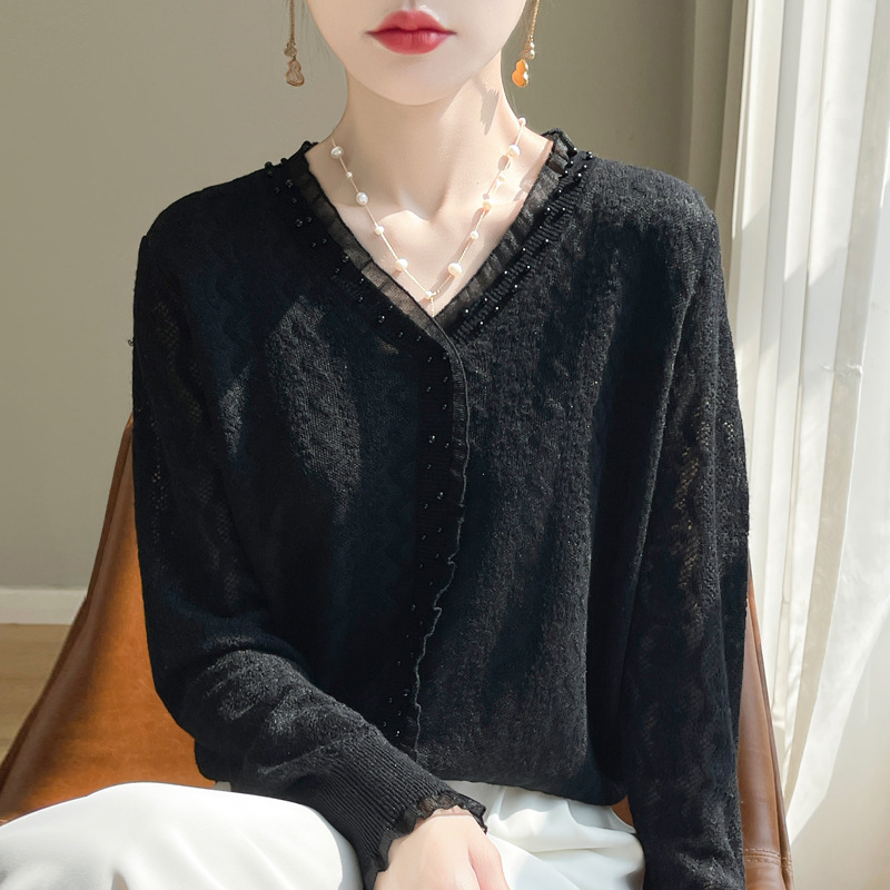 【メーカー直供】春秋の新型純色レースvネックニットの短い女性セーターがゆったりとしています。|undefined