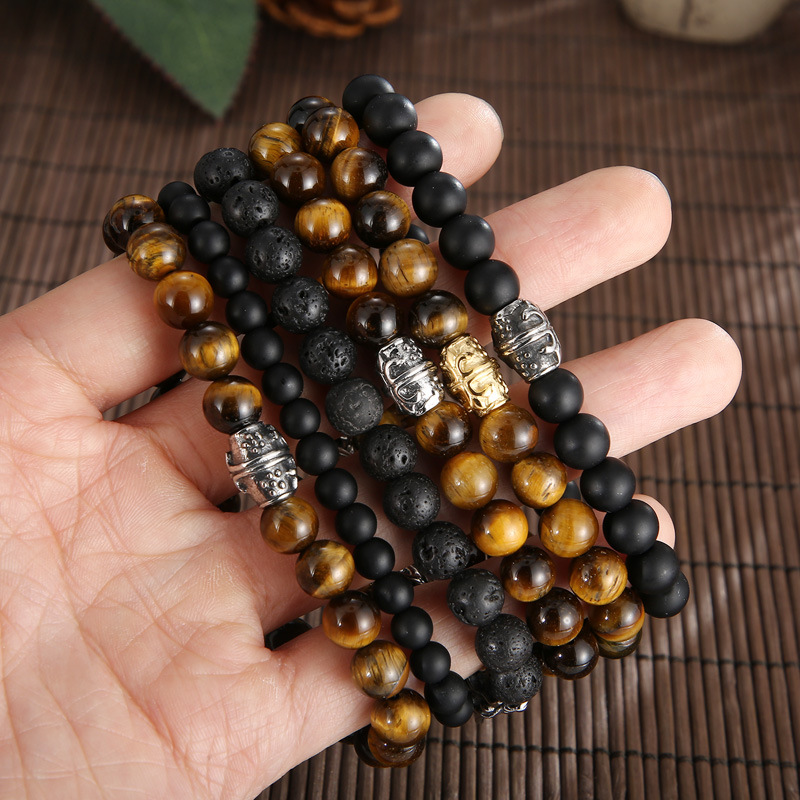 Bracelets Classification 304 Stainless Steel Chain Material Casual Punk Cross Crown Natural Stone Agate 18K Gold Plated Vacuum Plating Men's Bracelets Men Beaded Bracelets