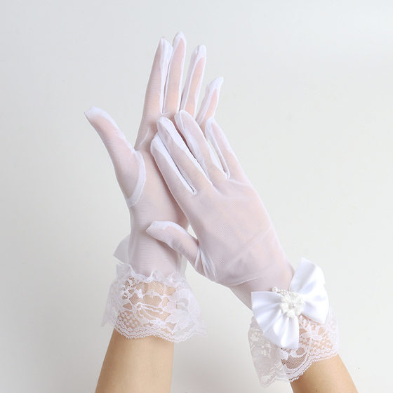 New Lace Lace Gloves Women's Bridal Wedding Dress Driving Sunscreen Mesh Fashionable All-match Bow Pearl