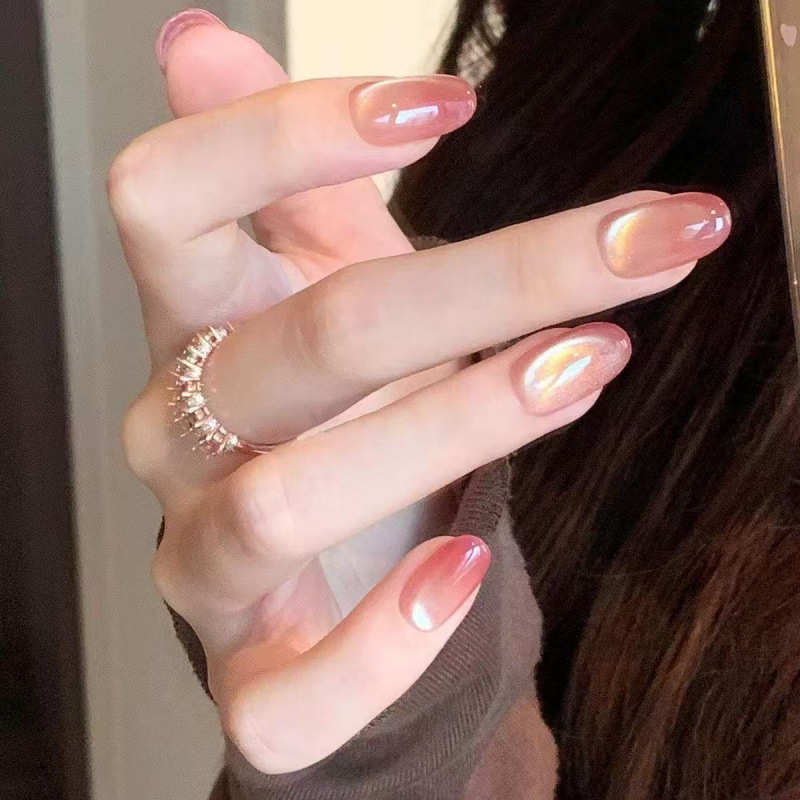 Gentle and flattering handmade peach gradient cat-eye glass beads nude color wearable elegant nail patches high-end fake nails Gentle and flattering handmade peach gradient cat-eye glass beads nude color wearable elegant nail patches high-end fake nails