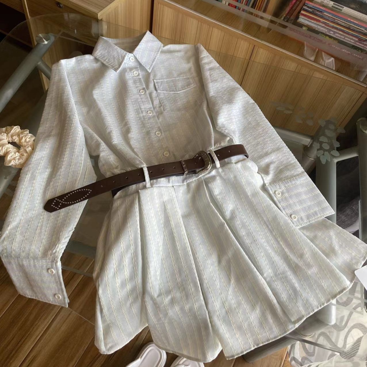 初梦POKEMENG 07/13旷野遐想 老钱风长袖条纹衬衫连衣裙