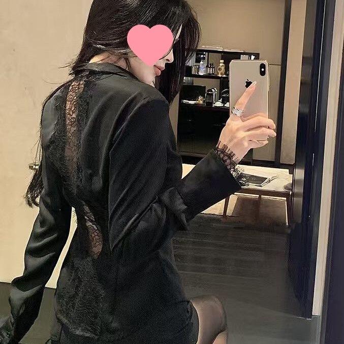 Satin Lace Splicing Long-Sleeved Shirt for Women Spring and Summer Pure Lust Style Sexy Royal Sister Sweet Hot Girl Bottoming Top Satin Lace Splicing Long-Sleeved Shirt for Women Spring and Summer Pure Lust Style Sexy Royal Sister Sweet Hot Girl Bottoming Top