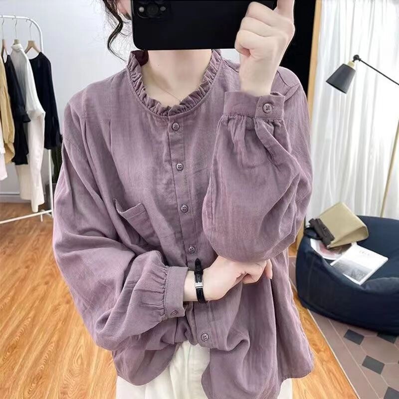Vintage long-sleeve off-shoulder loose-fitting fashion shirt for outerwear, versatile solid color spring/autumn shirt in white, 2026