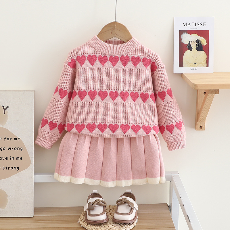Girls' Sweater Western Love Jacquard Knitted Two Piece Set Autumn/Winter New Girl Korean Edition Pullover Skirt_voghion.com