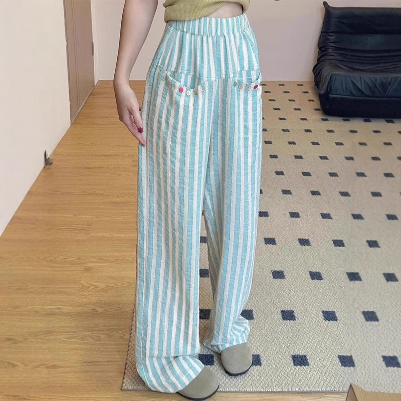 Green Striped Pants Women's Spring and Autumn Thin New Casual Loose Straight Shell Button Ice Silk Dape Wide Leg Pants Green Striped Pants Women's Spring and Autumn Thin New Casual Loose Straight Shell Button Ice Silk Dape Wide Leg Pants