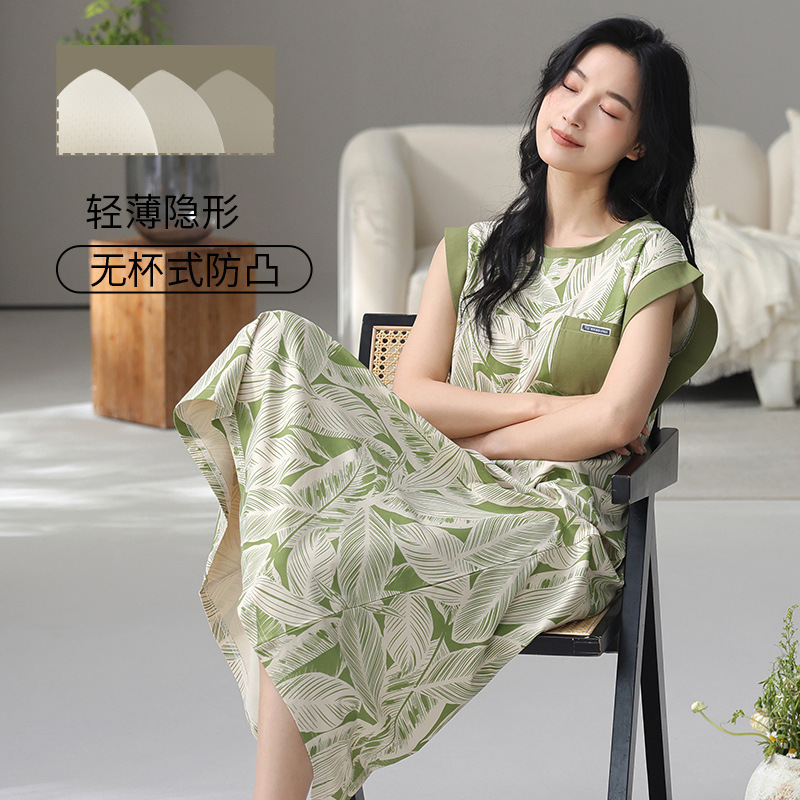 胸パッド付き女性用涼しい綿ナイトガウン、ノースリーブベスト、夏の韓国風高級レディース夏マタニティパジャマ、ロングスカートドレス|undefined