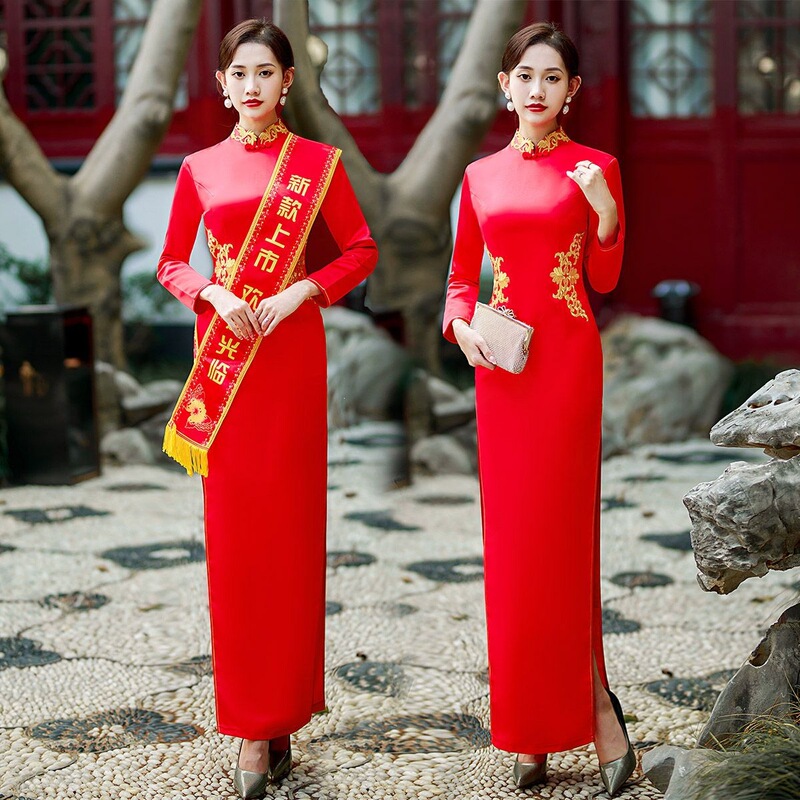 Etiquette Hostess Welcome and Award-Giving Qipao Dress Hotel Front Desk Reception Work Uniform Long-Sleeved Stand-Up Collar with Slit Etiquette Hostess Welcome and Award-Giving Qipao Dress Hotel Front Desk Reception Work Uniform Long-Sleeved Stand-Up Collar with Slit