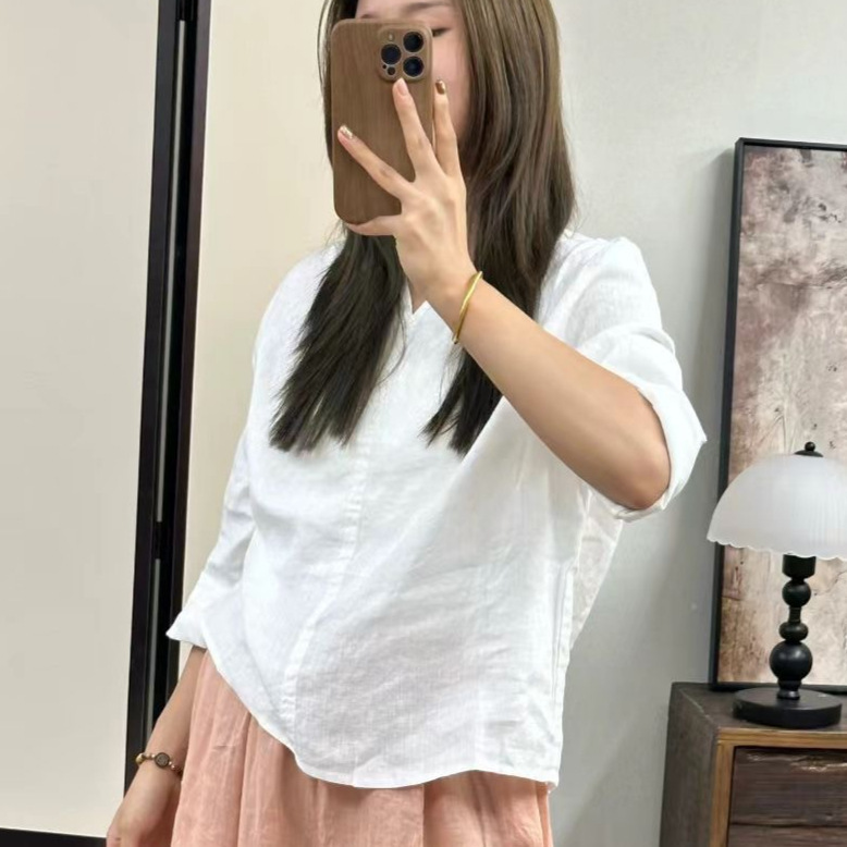 亚麻T恤衫女2025秋季新款纯色简约百搭长袖V领宽松小衫上衣|undefined