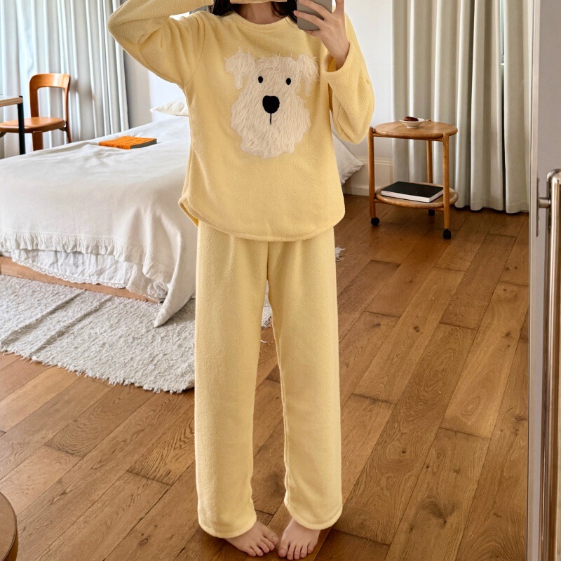 Polar Fleece Pajamas for Women in Autumn and Winter Fleece-Lined Coral Velvet Home Clothes Loose Large Size Cute Student Suits Can Be Worn Outside
