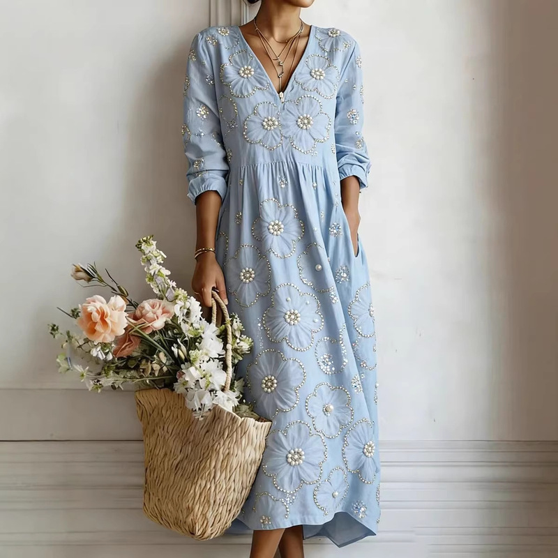 2026 New Cross-Border Style Floral Pattern V-Neck Long-Sleeve Dress 3D Printed Elegant V-Neck Long-Sleeve Dress 2026 New Cross-Border Style Floral Pattern V-Neck Long-Sleeve Dress 3D Printed Elegant V-Neck Long-Sleeve Dress