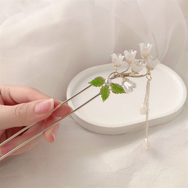 Estilo antiguo temblor perla orquídea borla horquilla hembra verano con cheongsam hanfu updo Palacio lámpara horquilla tocado