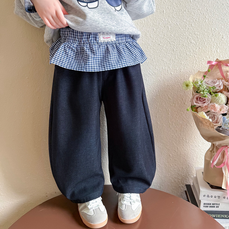女童休闲裤子春秋装2025新款儿童韩版小女孩时髦格子屁帘弯刀裤子|undefined