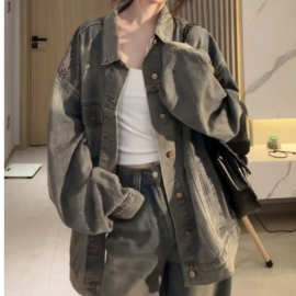 美式复古牛仔外套女2025秋季新款宽松设计感小众水洗做旧夹克上衣