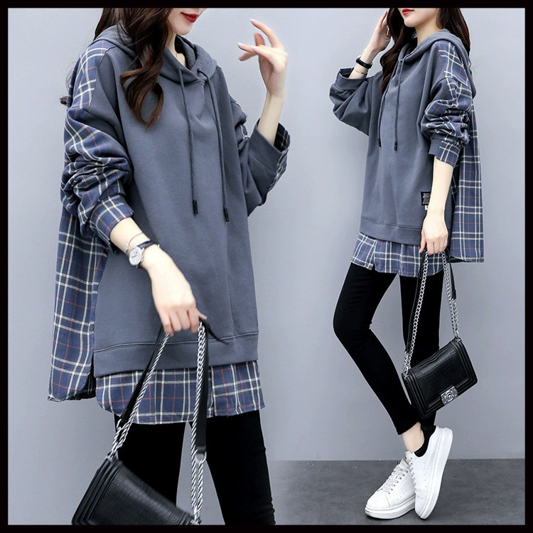 6535 хлопчатобумажный поддельный свитер из двух частей женский с капюшоном осенняя женская корейская версия свободного размера большой размер женская сшитая клетчатая куртка женский