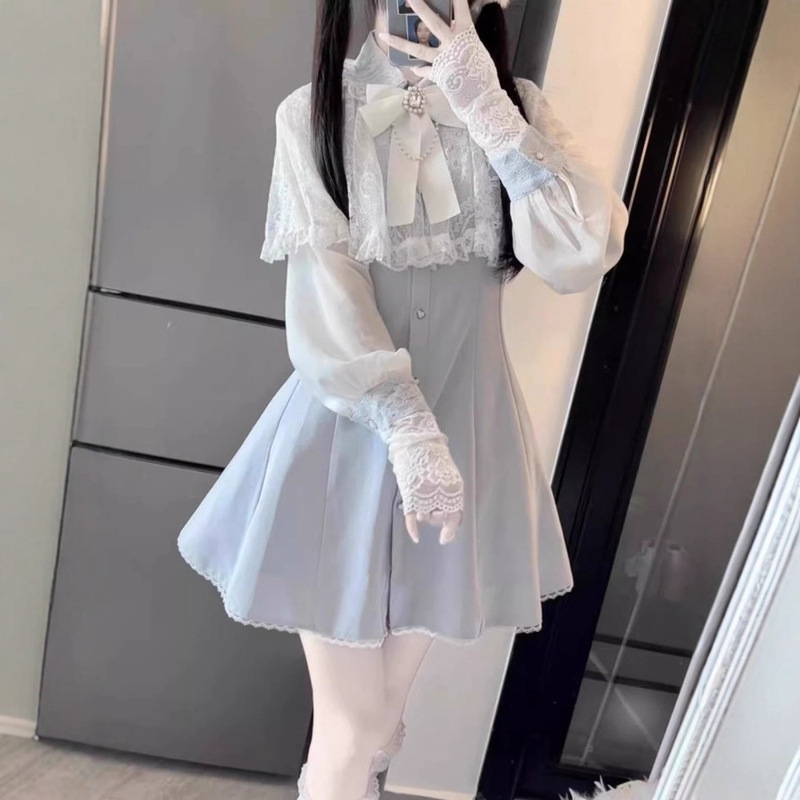 Japanese Sweet Girl Pure Desire Style Clear Lace Shawl Bow Chiffon Long-Sleeve Dress Aqua Black