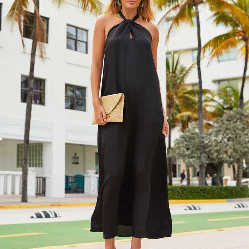 Solid Color Loose Halter Neck Backless Casual Maxi Dress main image 0
