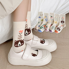 Women's Knee-High Cotton Socks with Cartoon Cute Design, Freshly Dyed, One-Piece Knee-High Socks for Autumn/Winter, Wholesale Women's Socks