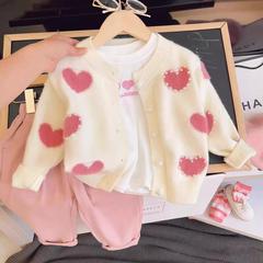 Ningli Korean Version Stylish Spring and Autumn Girl Baby Heart-Shaped Cardigan Set with Bottoms and Jeans Three-Piece Children's Outfit