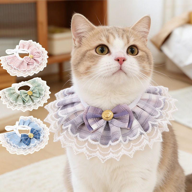Multi-Layer Lace Pet Bib with Pearl Button Bow Collar, Universal Saliva Towel for Cats and Dogs Wb260004