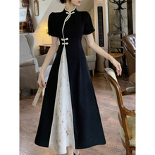 夏季大码新中式复古改良旗袍裙子胖mm黑白撞色温婉国风气质连衣裙