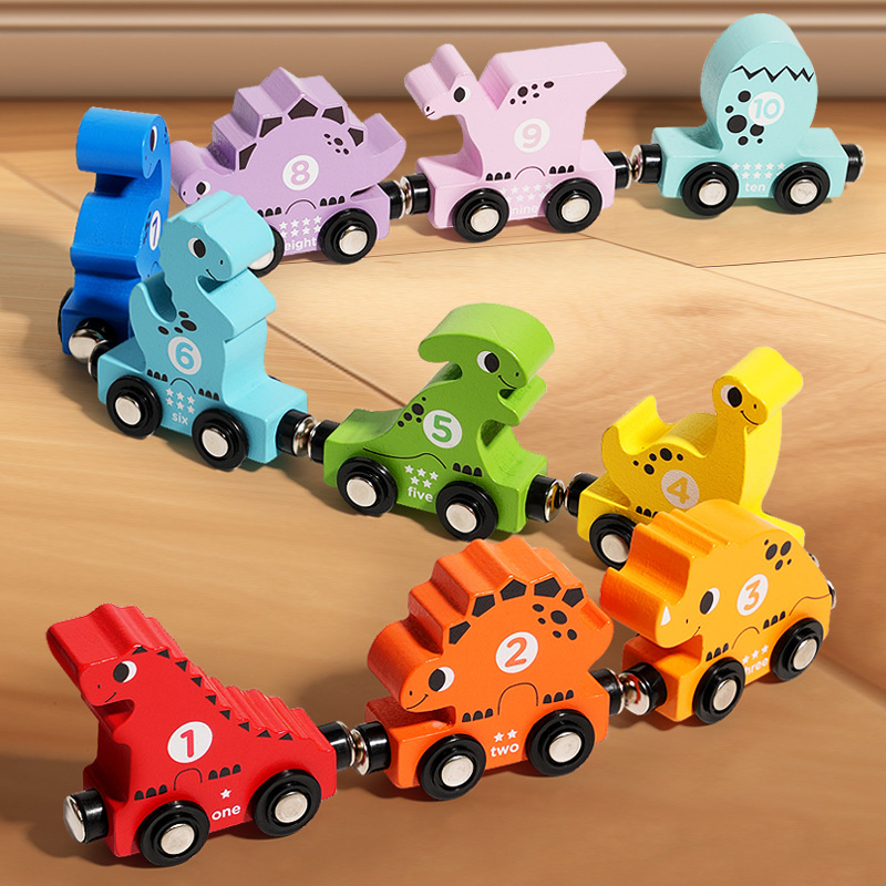 CPC Amazon madera dinosaurio magnético pequeño tren vagón apilado bloques de construcción altos juguetes educativos cognitivos para niños